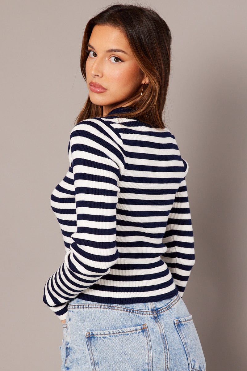 Blue Stripe Knit Top Long Sleeve Funnel Neck for Ally Fashion