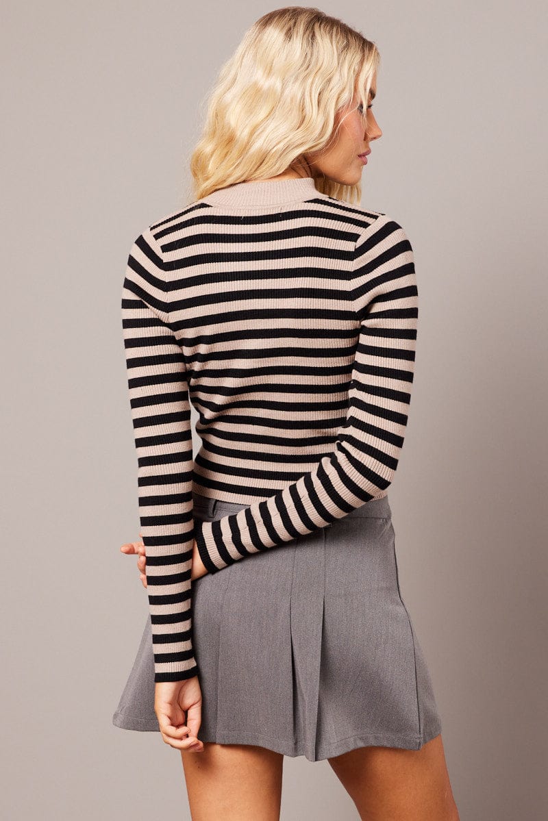 Beige Stripe Knit Top Long Sleeve Funnel Neck for Ally Fashion