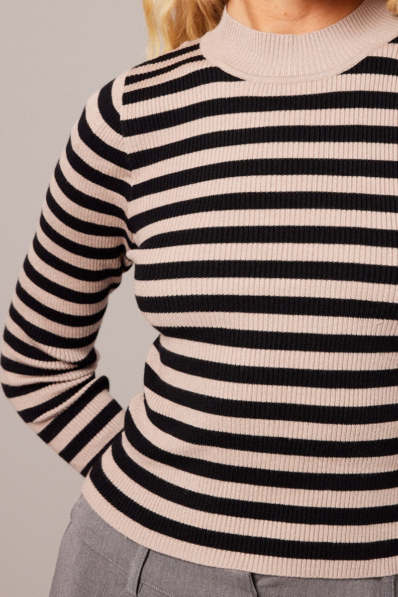 Beige Stripe Knit Top Long Sleeve Funnel Neck for Ally Fashion