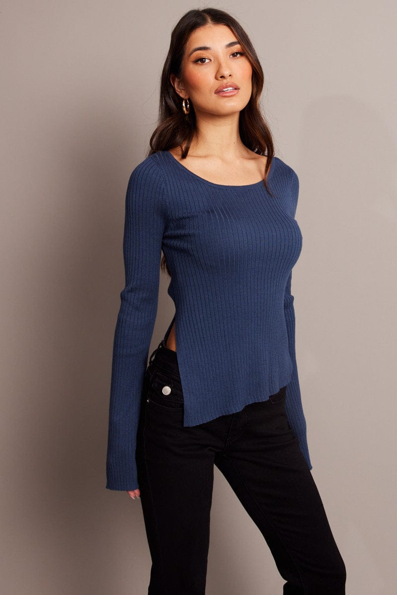 Blue Knit Top Boat Neck Long Sleeve for Ally Fashion