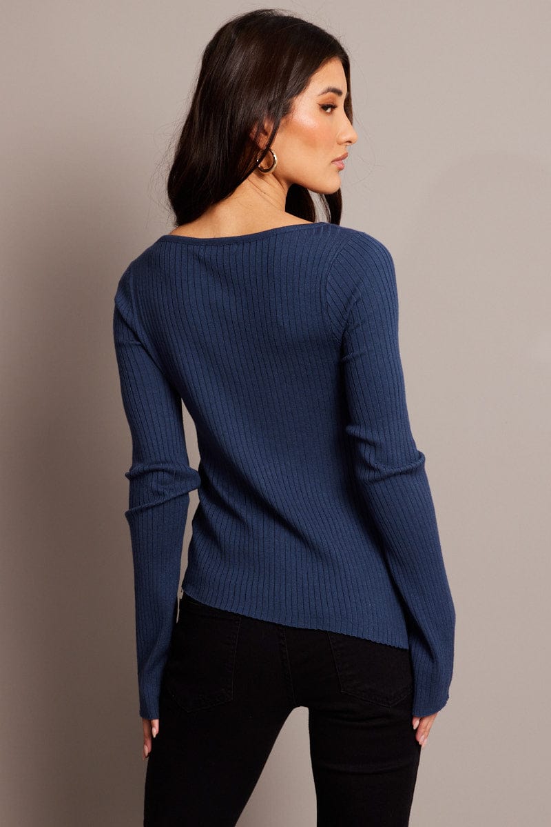 Blue Knit Top Boat Neck Long Sleeve for Ally Fashion