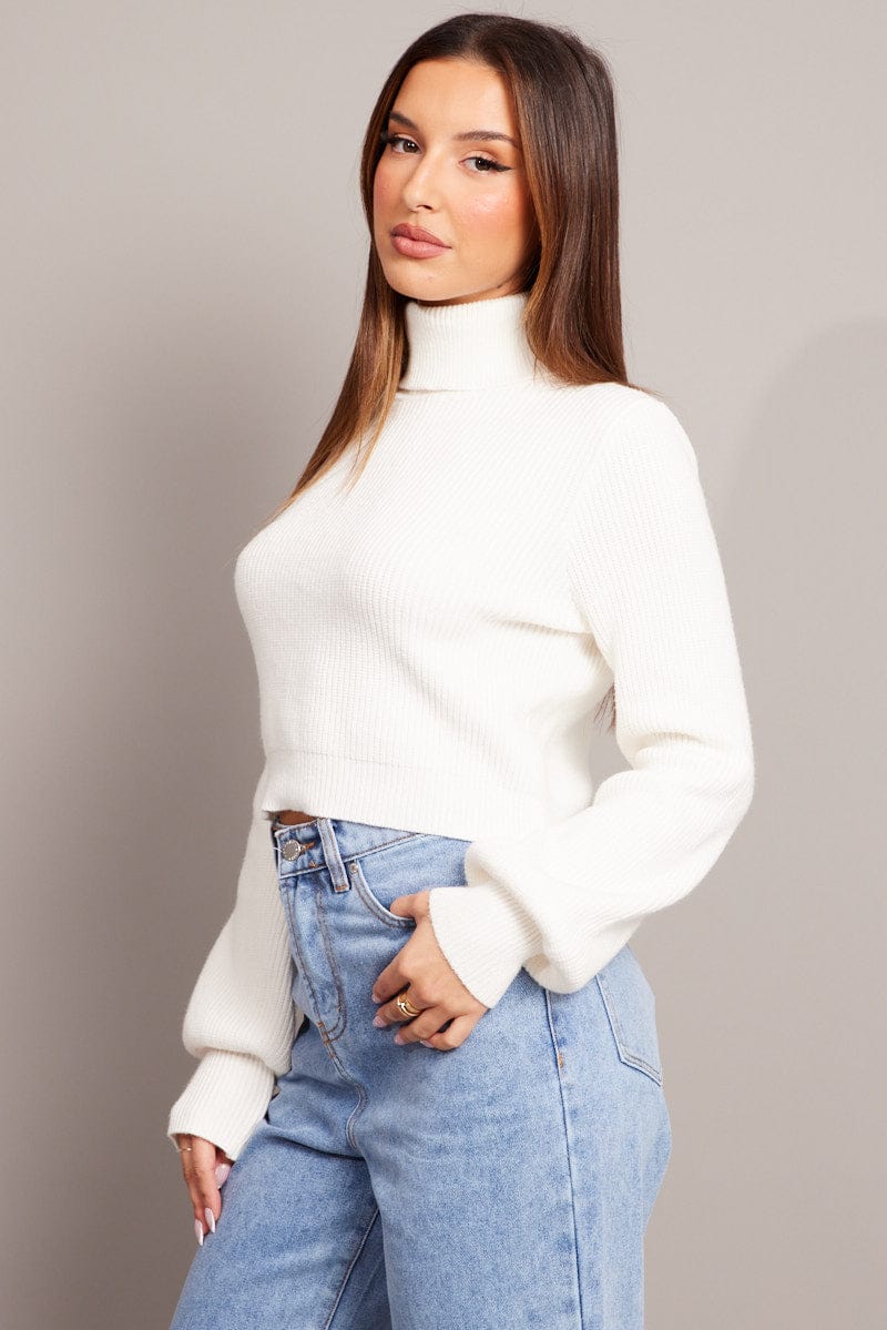 White Knit Top Long Sleeve High Neck Crop for Ally Fashion