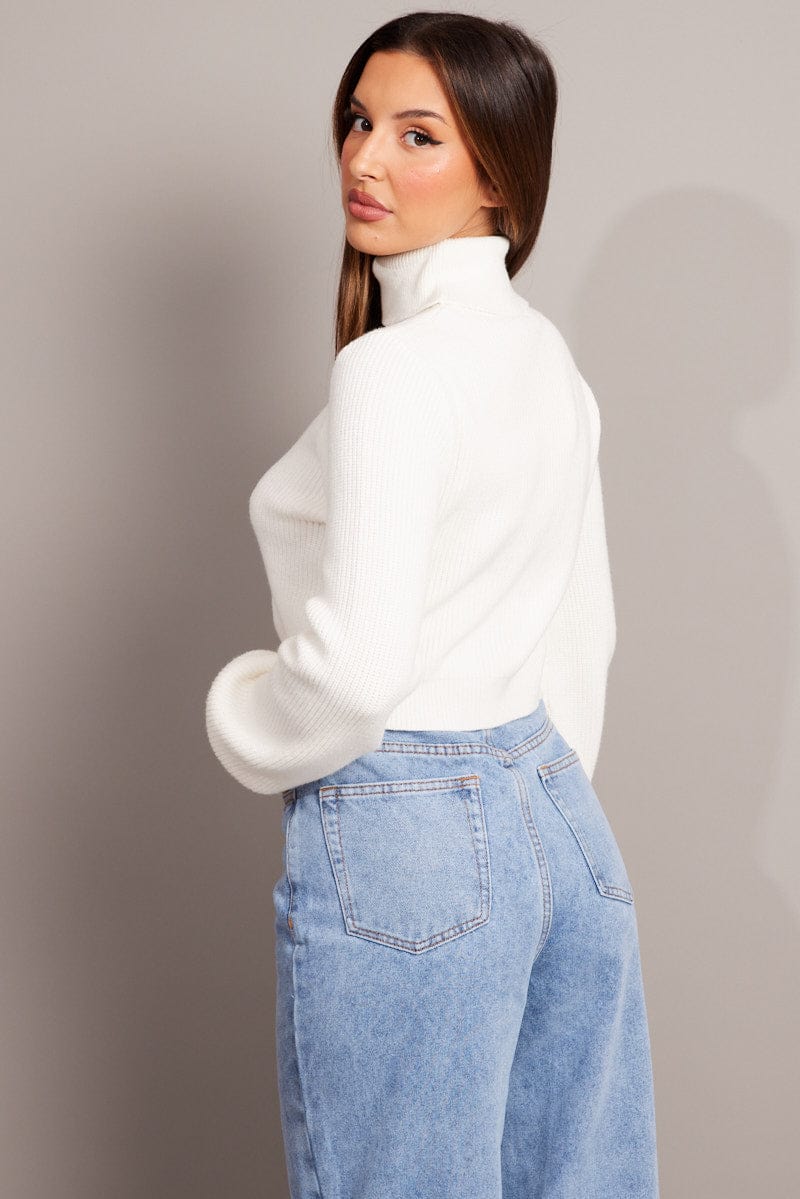 White Knit Top Long Sleeve High Neck Crop for Ally Fashion