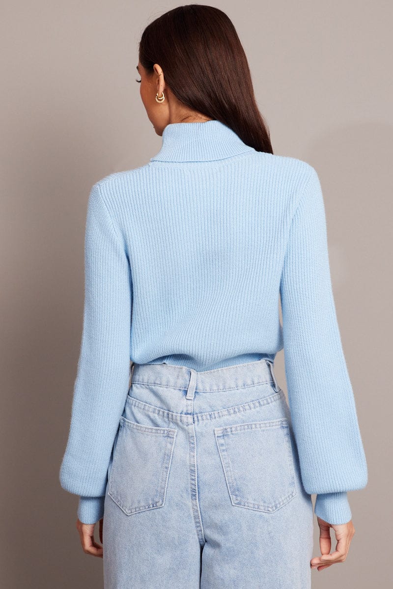 Blue Knit Top Long Sleeve High Neck Crop for Ally Fashion