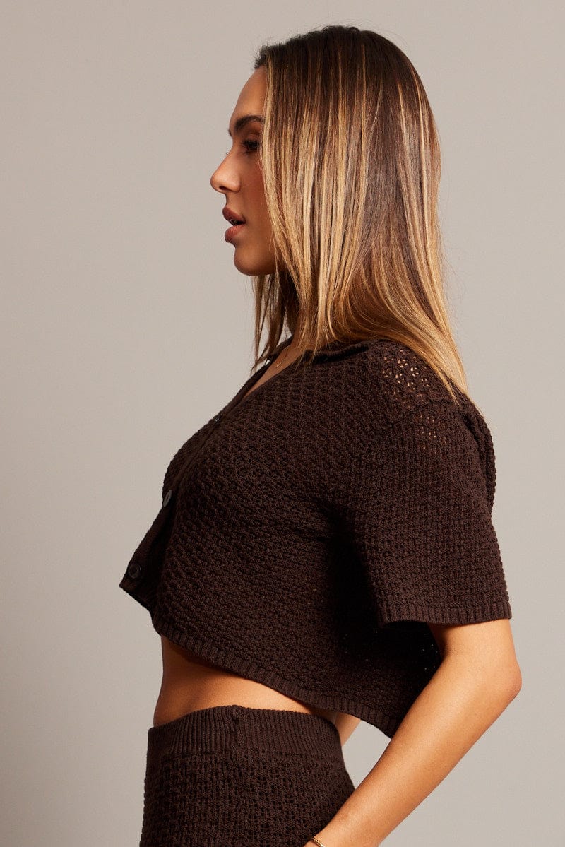 Brown Crochet Knit Top Collared for Ally Fashion