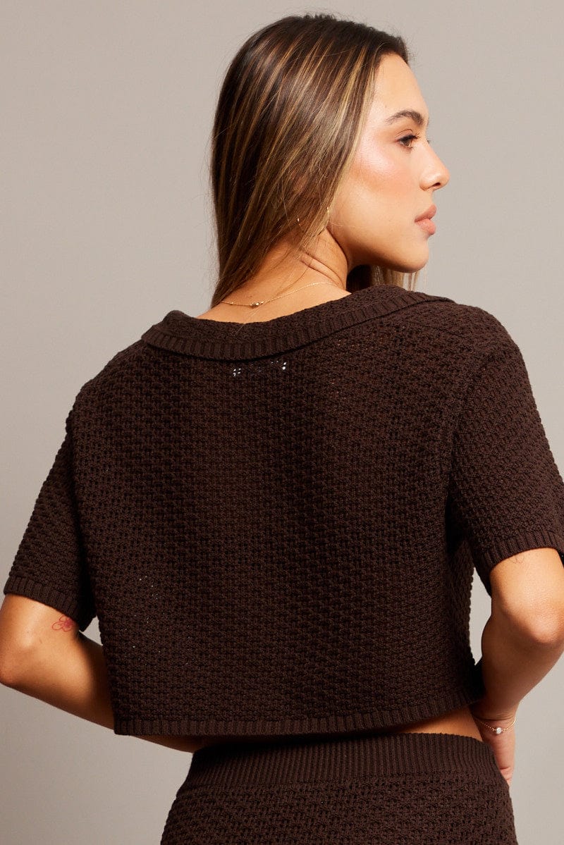 Brown Crochet Knit Top Collared for Ally Fashion