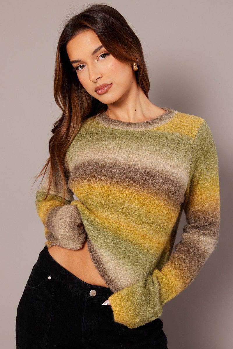 Green Knit Top Long Sleeve Tie Dye for Ally Fashion