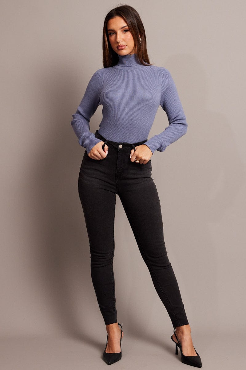 Blue Knit Top Long Sleeve High Neck for Ally Fashion