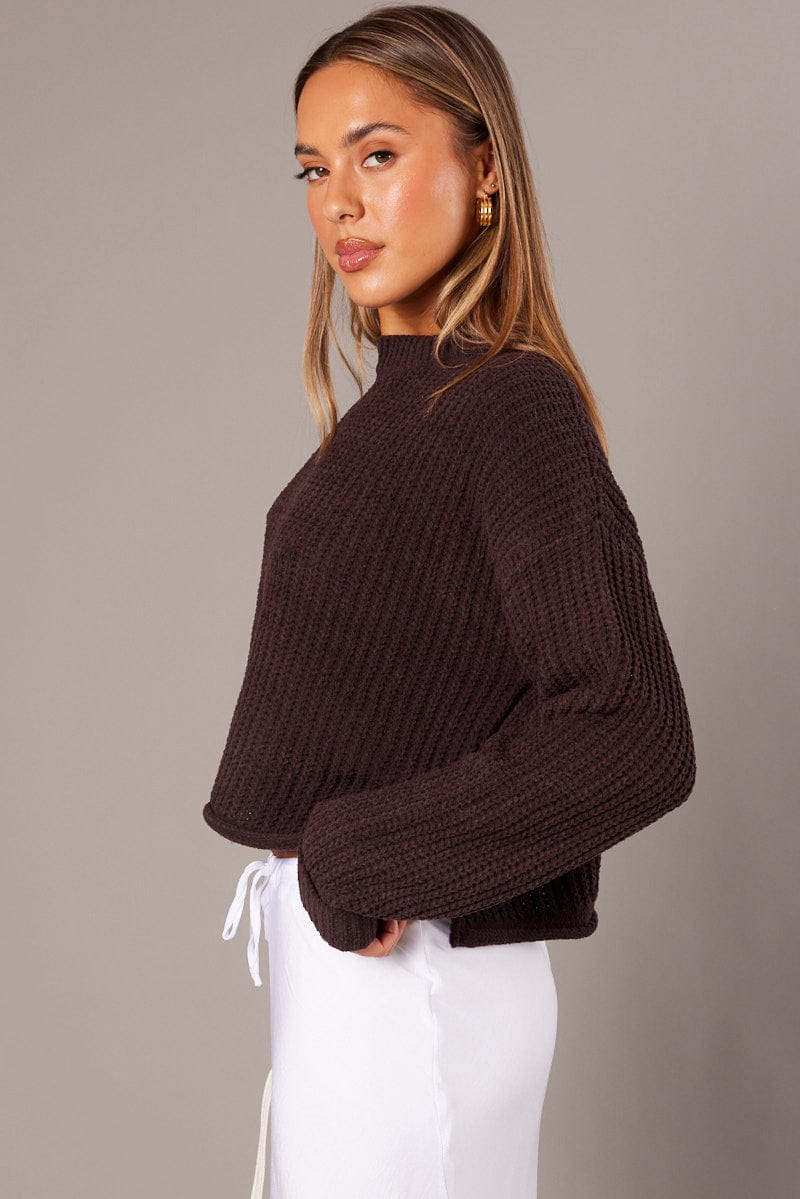 Brown Knit Top Long Sleeve Chenille for Ally Fashion