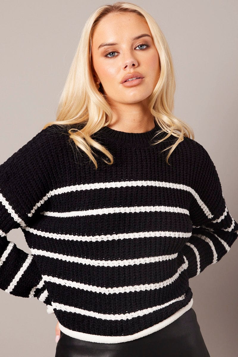 Black Stripe Knit Top Long Sleeve Chenille for Ally Fashion
