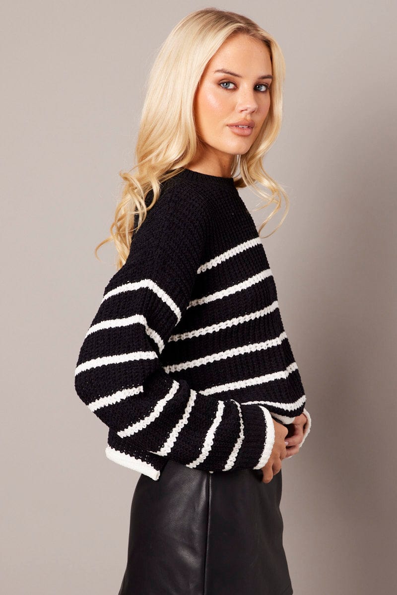 Black Stripe Knit Top Long Sleeve Chenille for Ally Fashion