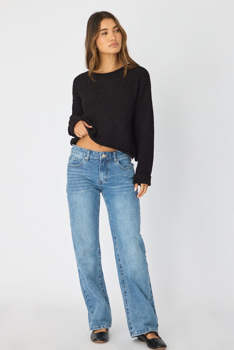 Black Basic Knit Long Sleeve Boat Neck for Ally Fashion