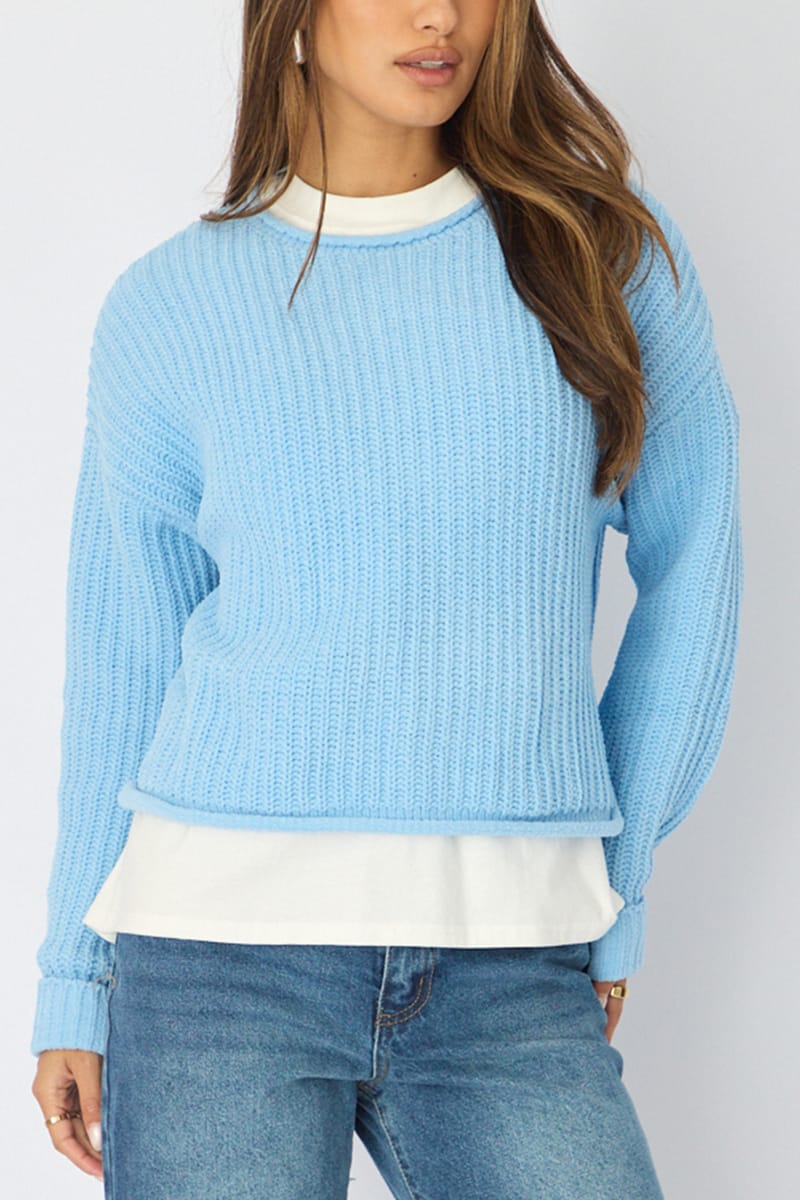 Blue Basic Knit Long Sleeve Boat Neck for Ally Fashion