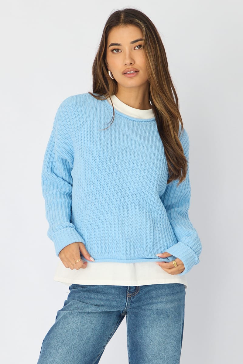 Blue Basic Knit Long Sleeve Boat Neck for Ally Fashion