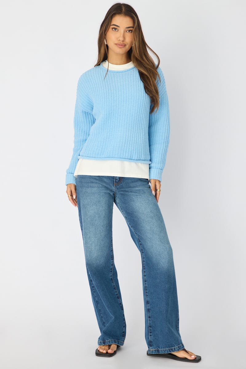 Blue Basic Knit Long Sleeve Boat Neck for Ally Fashion