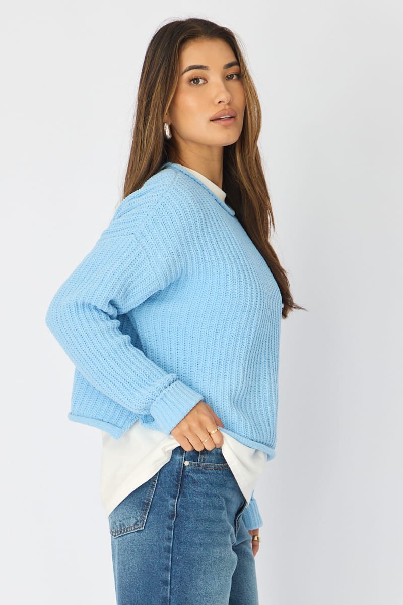 Blue Basic Knit Long Sleeve Boat Neck for Ally Fashion