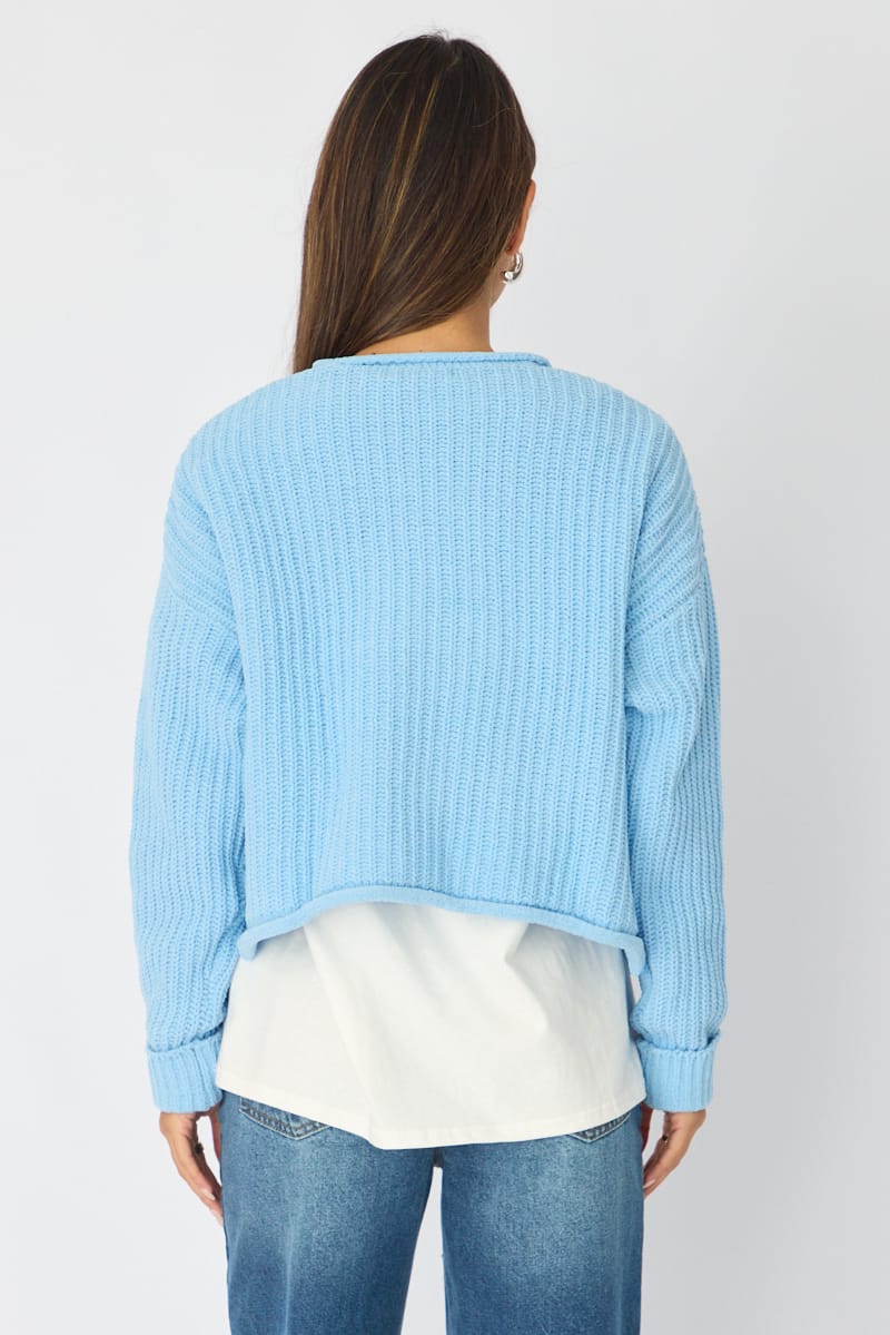 Blue Basic Knit Long Sleeve Boat Neck for Ally Fashion