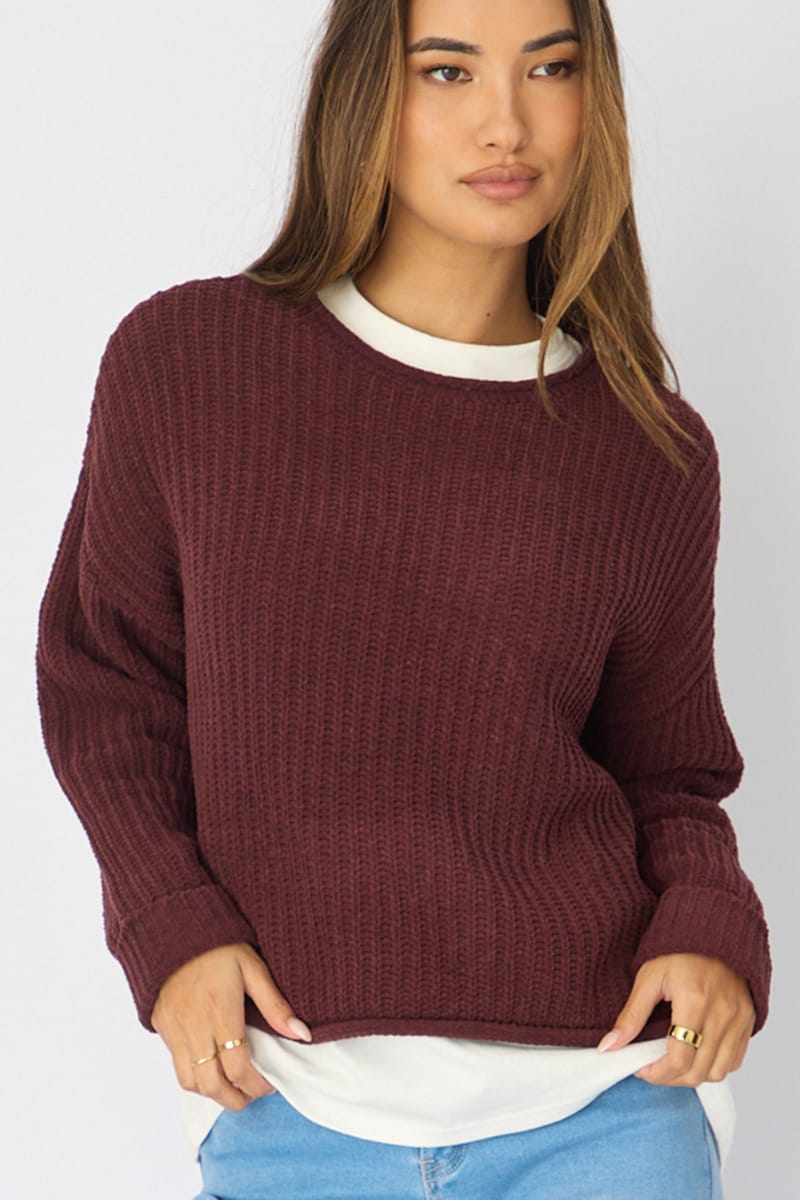 Brown Basic Knit Long Sleeve Boat Neck for Ally Fashion