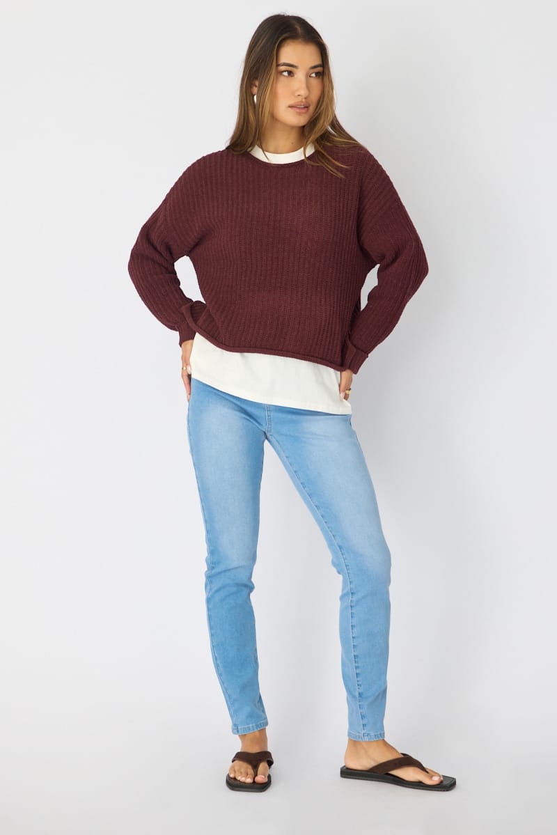 Brown Basic Knit Long Sleeve Boat Neck for Ally Fashion