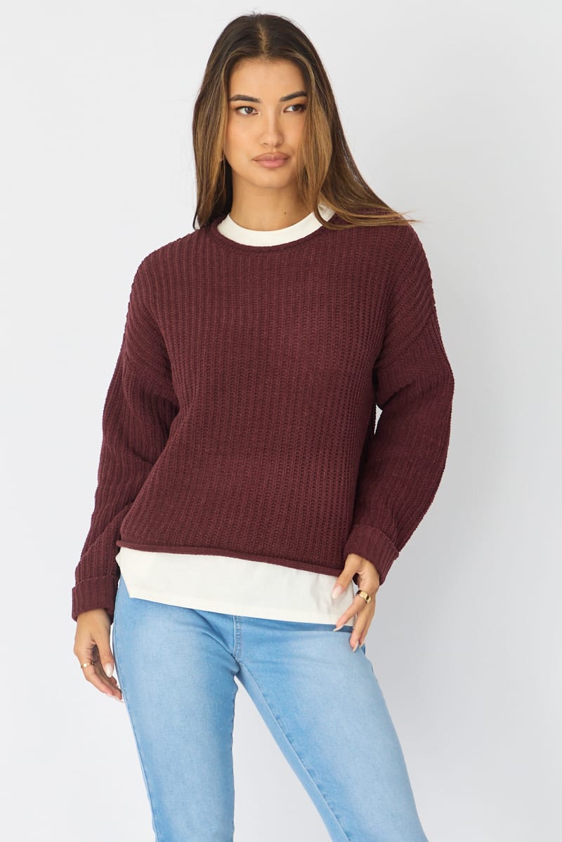 Brown Basic Knit Long Sleeve Boat Neck for Ally Fashion
