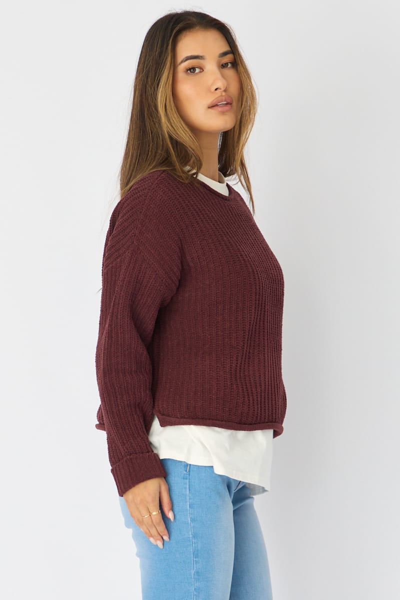 Brown Basic Knit Long Sleeve Boat Neck for Ally Fashion