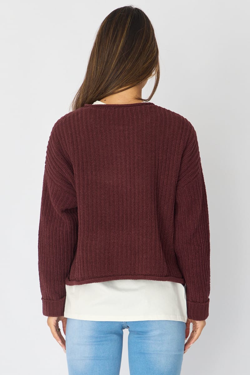 Brown Basic Knit Long Sleeve Boat Neck for Ally Fashion