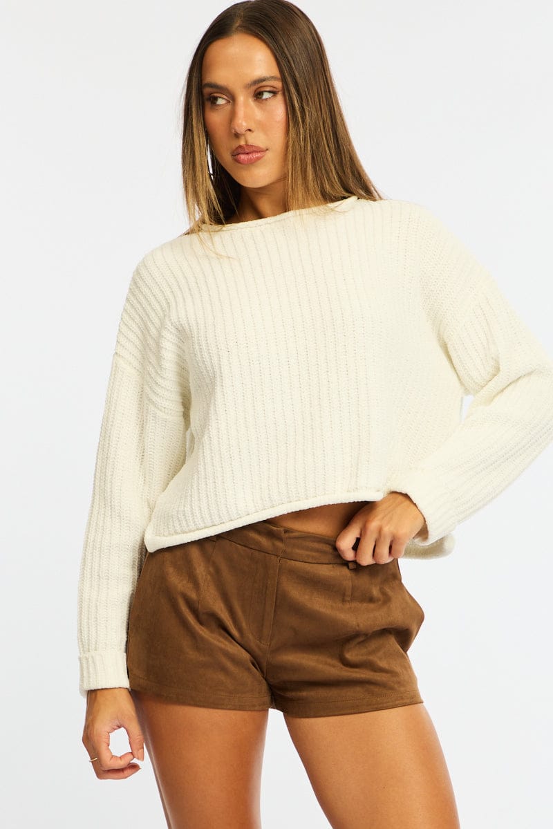 White Basic Knit Long Sleeve Boat Neck for Ally Fashion