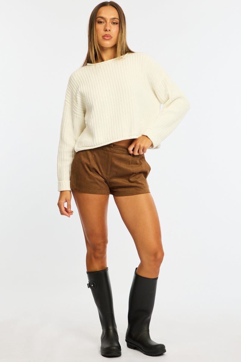 White Basic Knit Long Sleeve Boat Neck for Ally Fashion