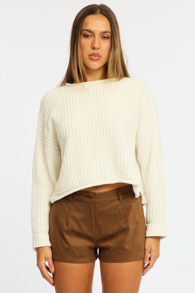White Basic Knit Long Sleeve Boat Neck for Ally Fashion
