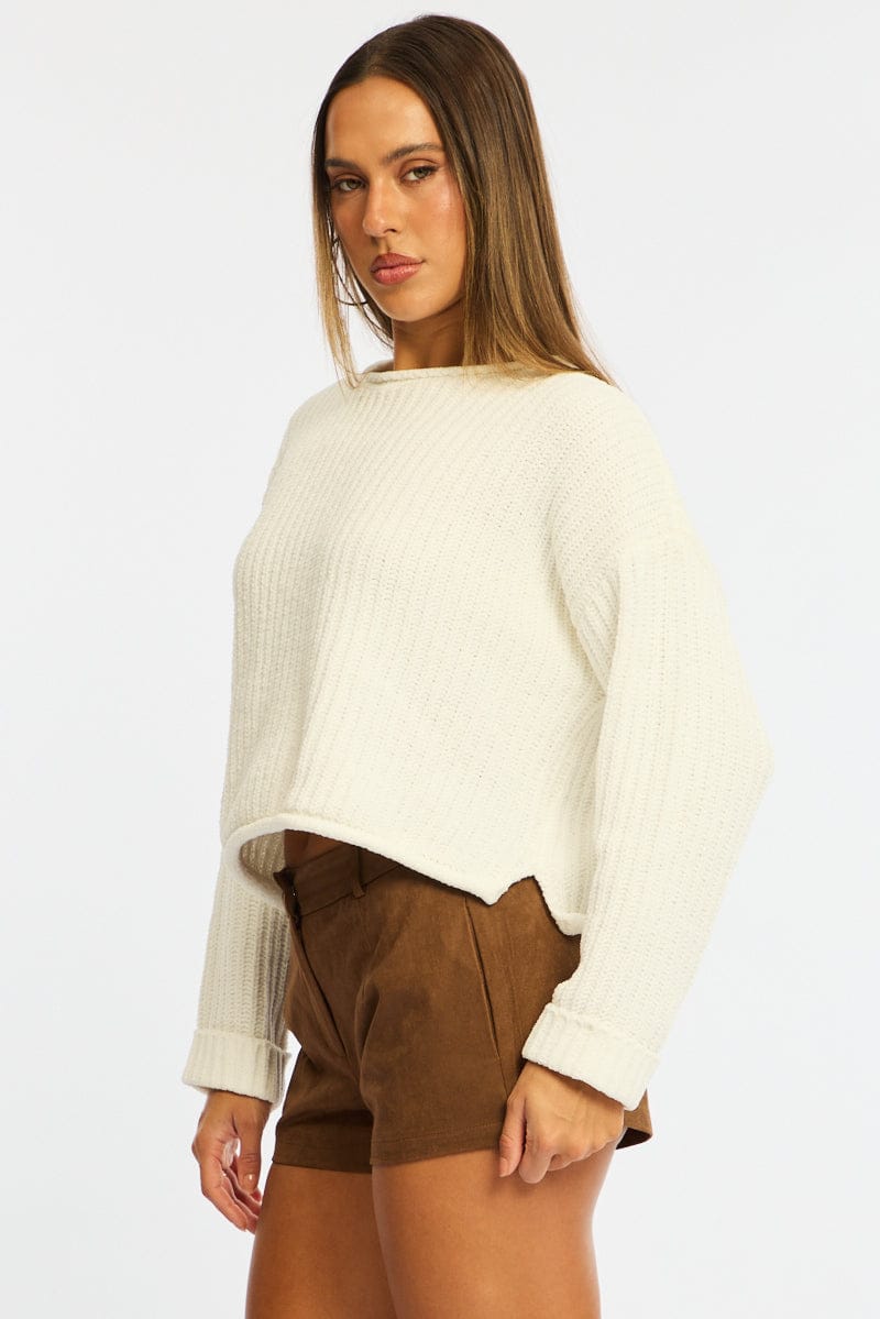 White Basic Knit Long Sleeve Boat Neck for Ally Fashion