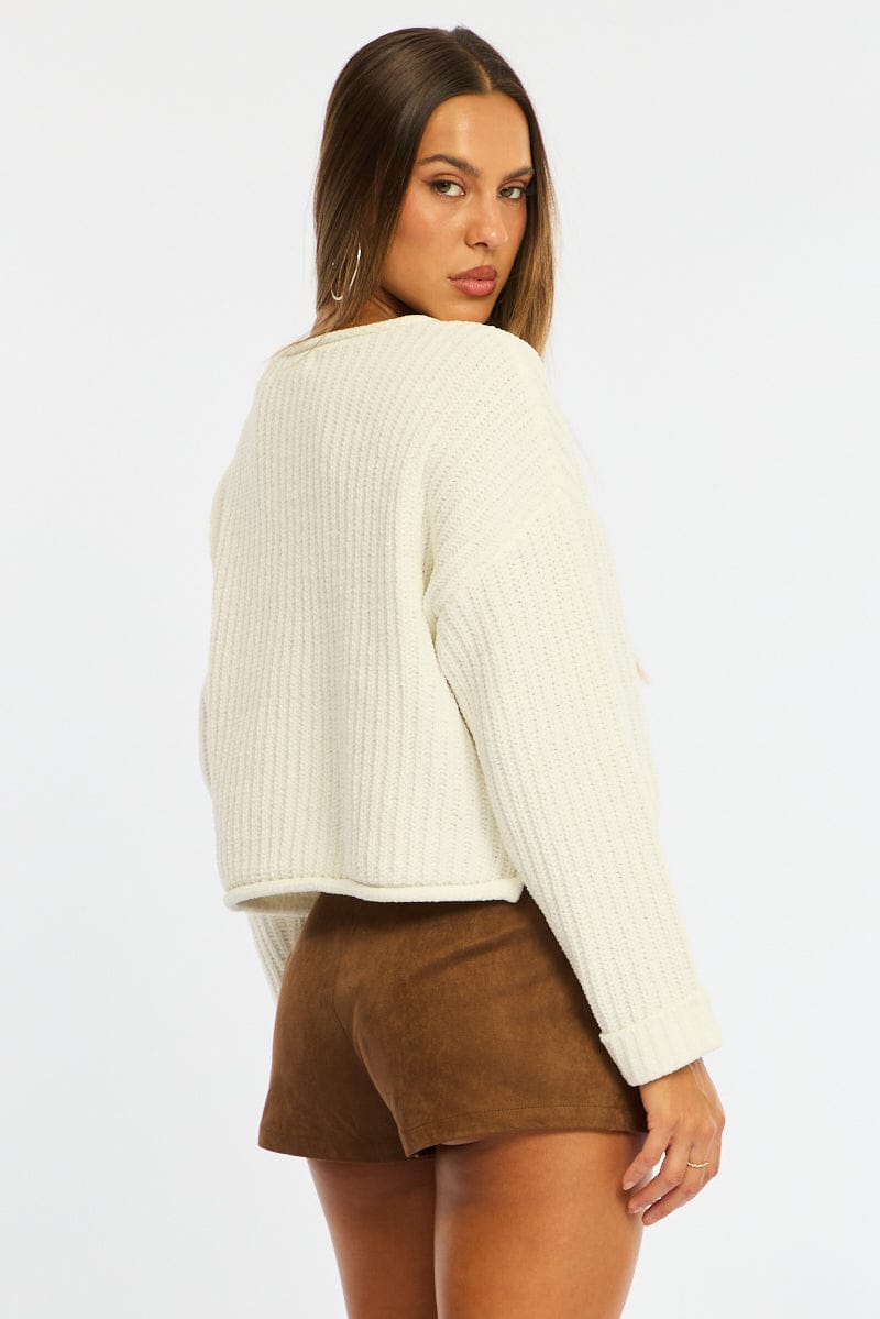 White Basic Knit Long Sleeve Boat Neck for Ally Fashion