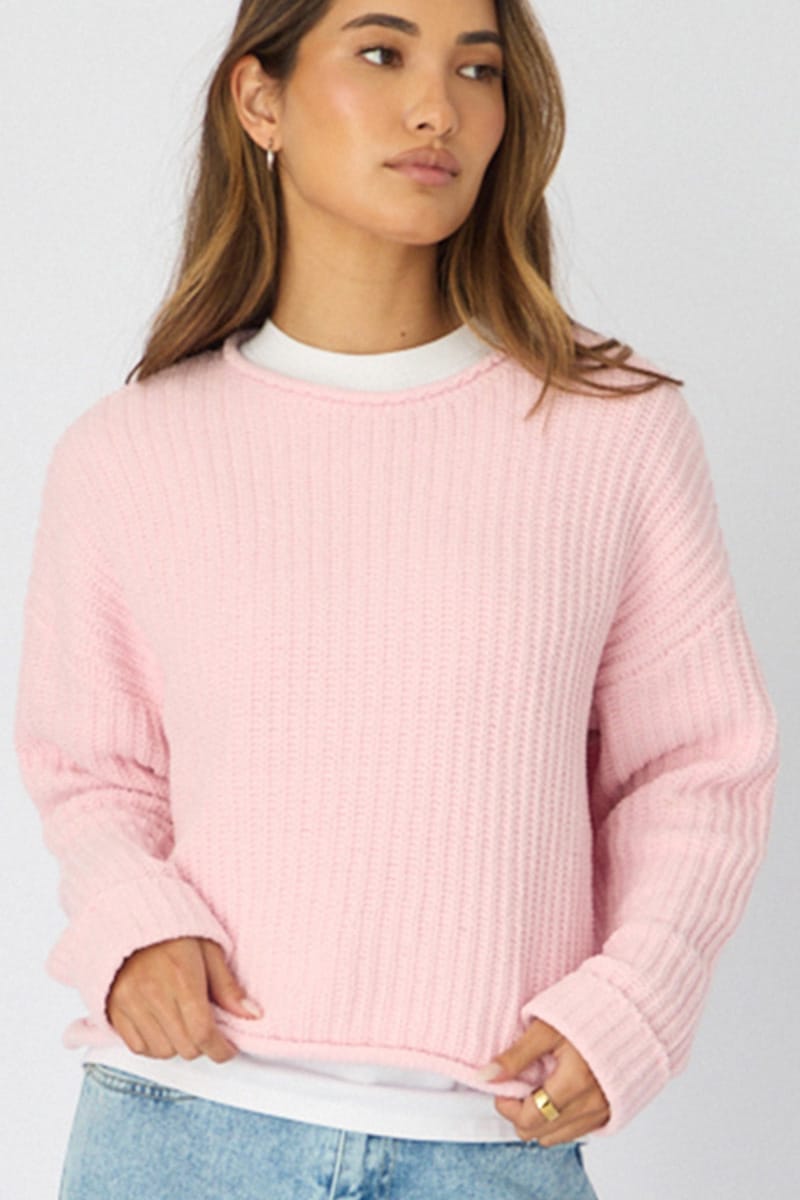 Pink Basic Knit Long Sleeve Boat Neck for Ally Fashion