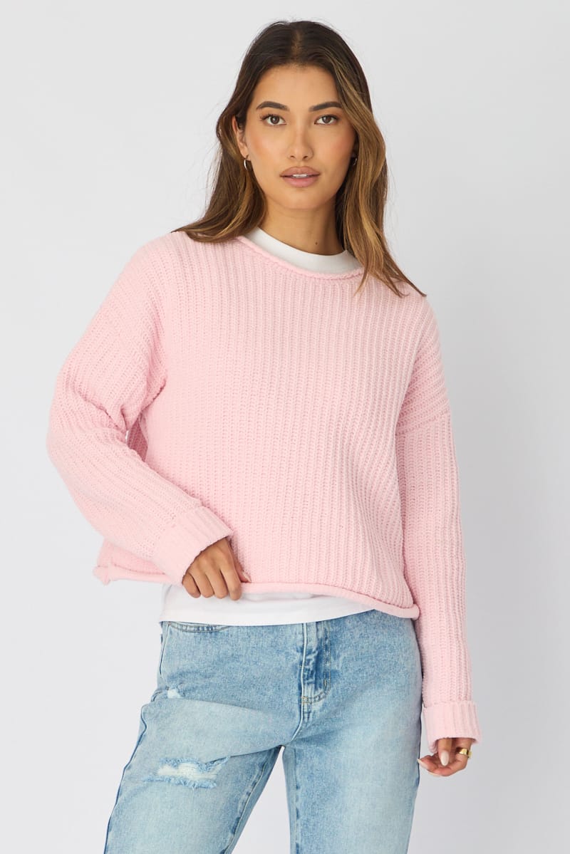 Pink Basic Knit Long Sleeve Boat Neck for Ally Fashion