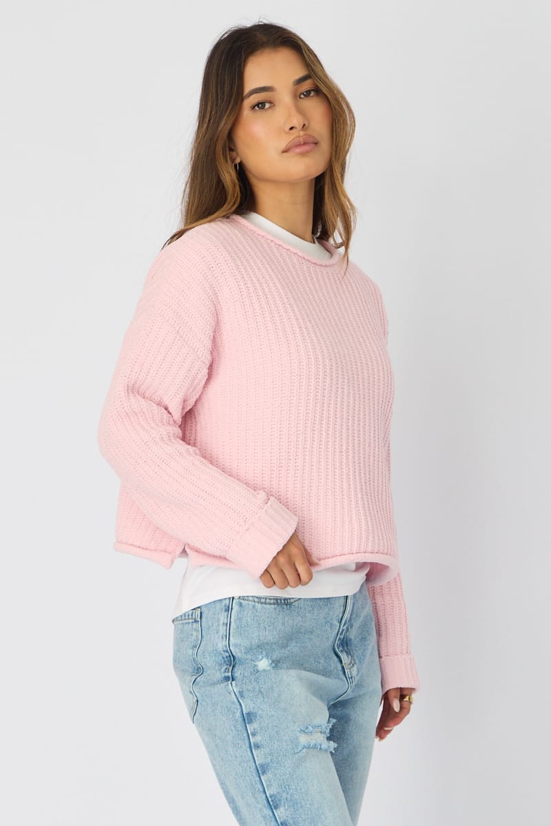 Pink Basic Knit Long Sleeve Boat Neck for Ally Fashion