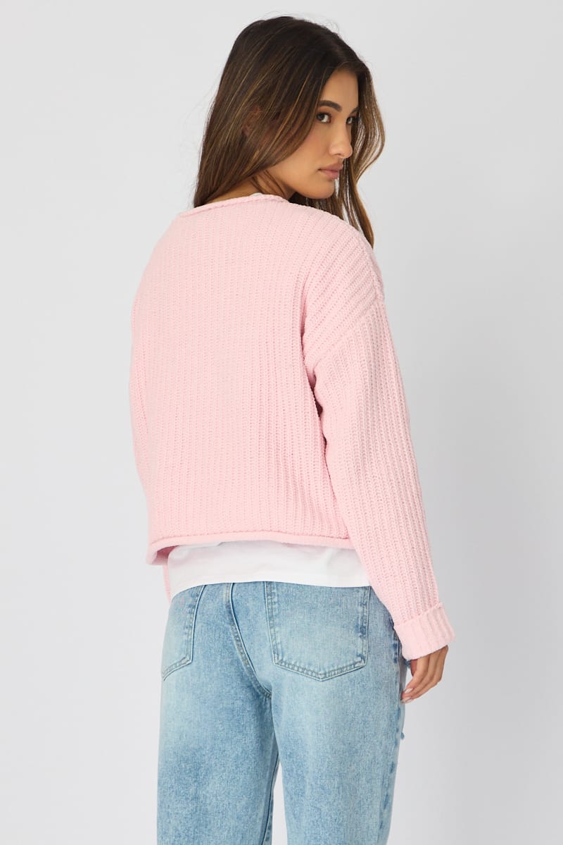 Pink Basic Knit Long Sleeve Boat Neck for Ally Fashion