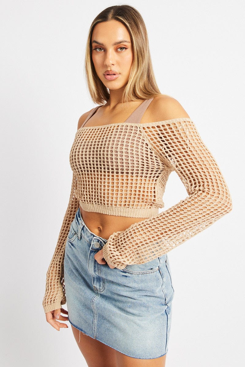 Beige Crochet Knit Top Long Sleeve Square Neck for Ally Fashion