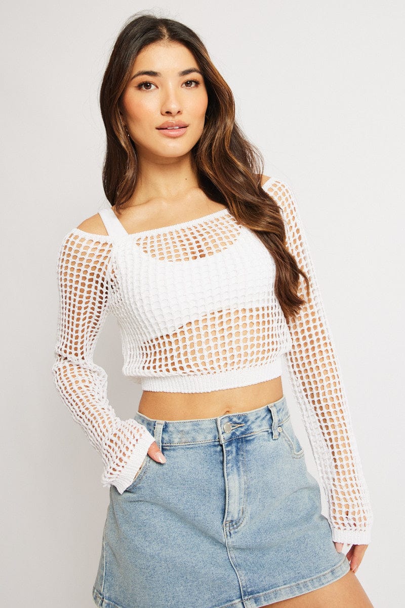 White Crochet Knit Top Long Sleeve Square Neck for Ally Fashion