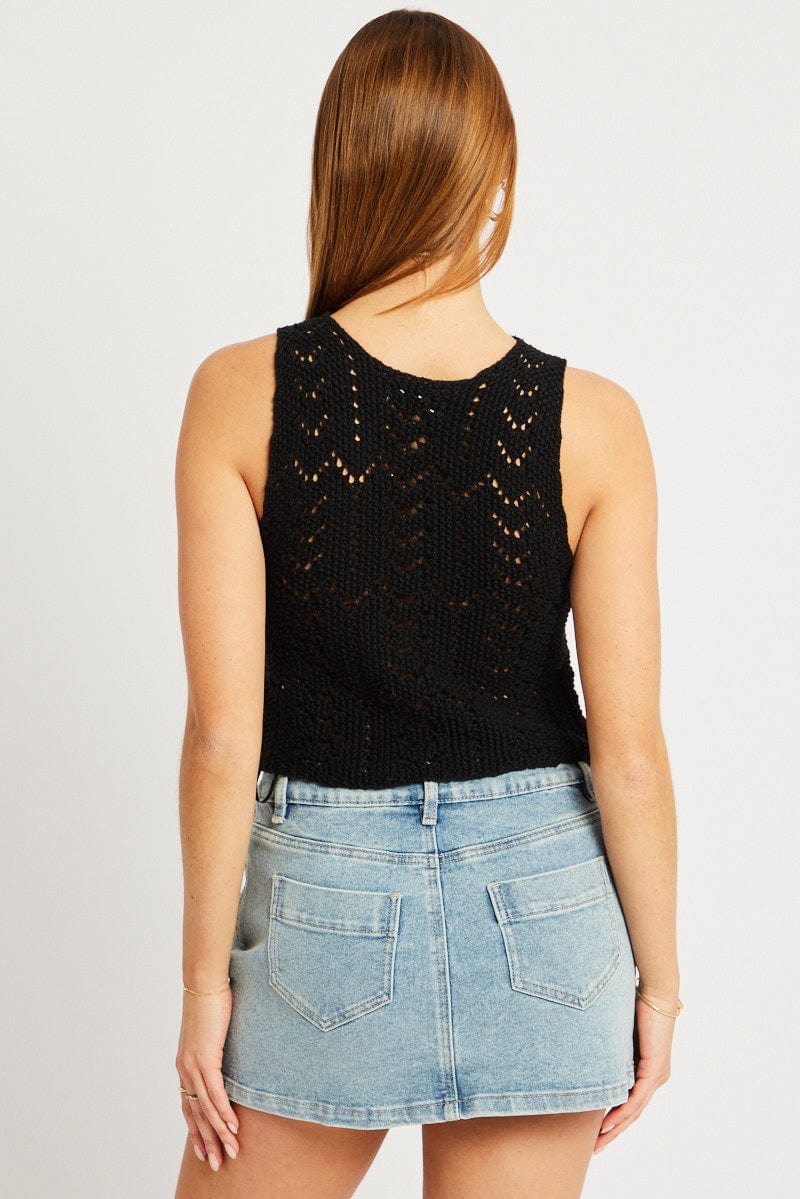 Black Knit Vest Sleeveless V Neck Crochet Button Up for Ally Fashion