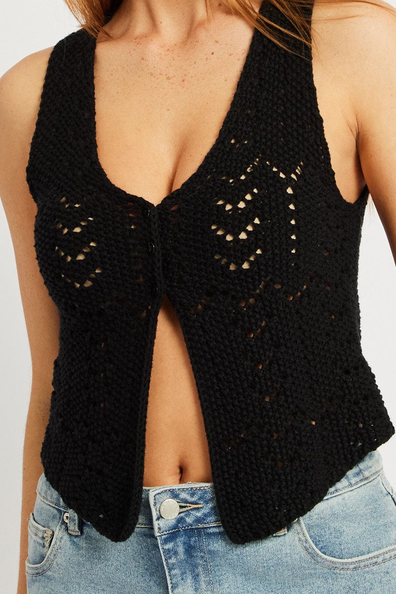 Black Knit Vest Sleeveless V Neck Crochet Button Up for Ally Fashion