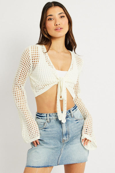 White Crochet Tie Up Cardigan | Ally Fashion