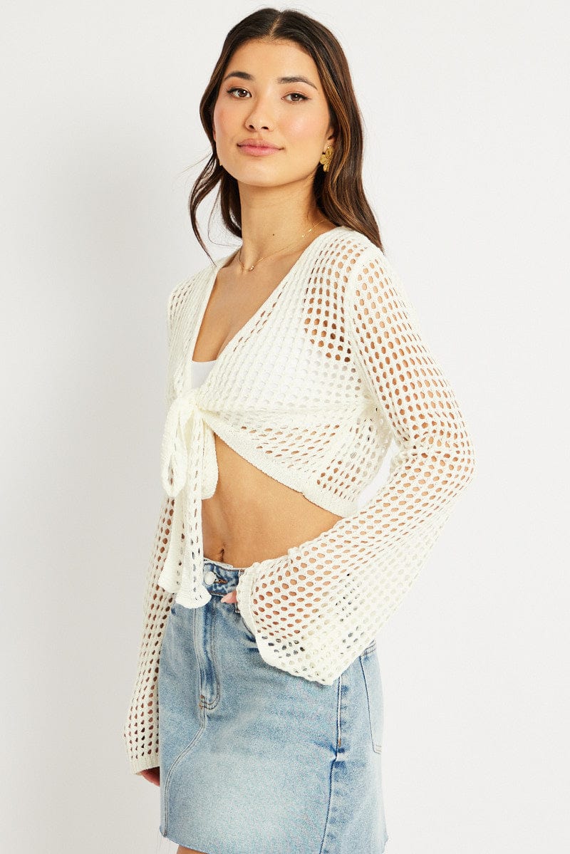 White Crochet Tie Up Cardigan for Ally Fashion