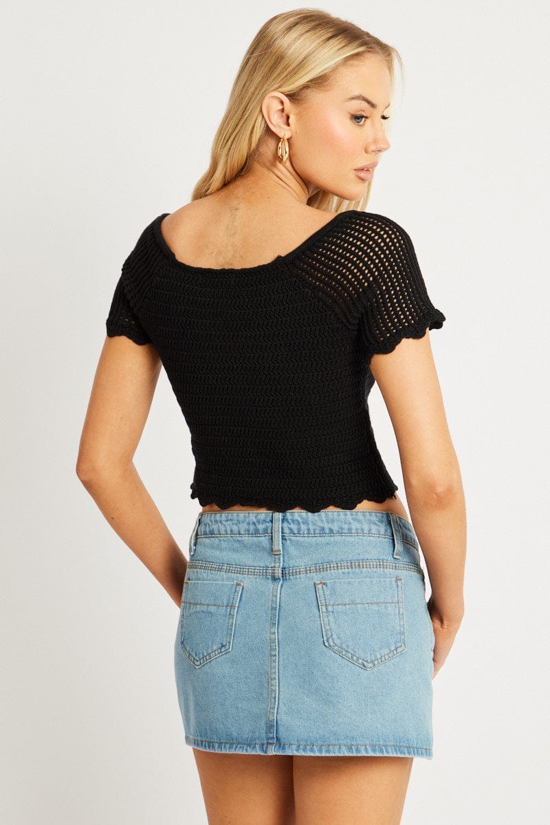 Black Crochet Knit Top Short Sleeve Button Down for Ally Fashion