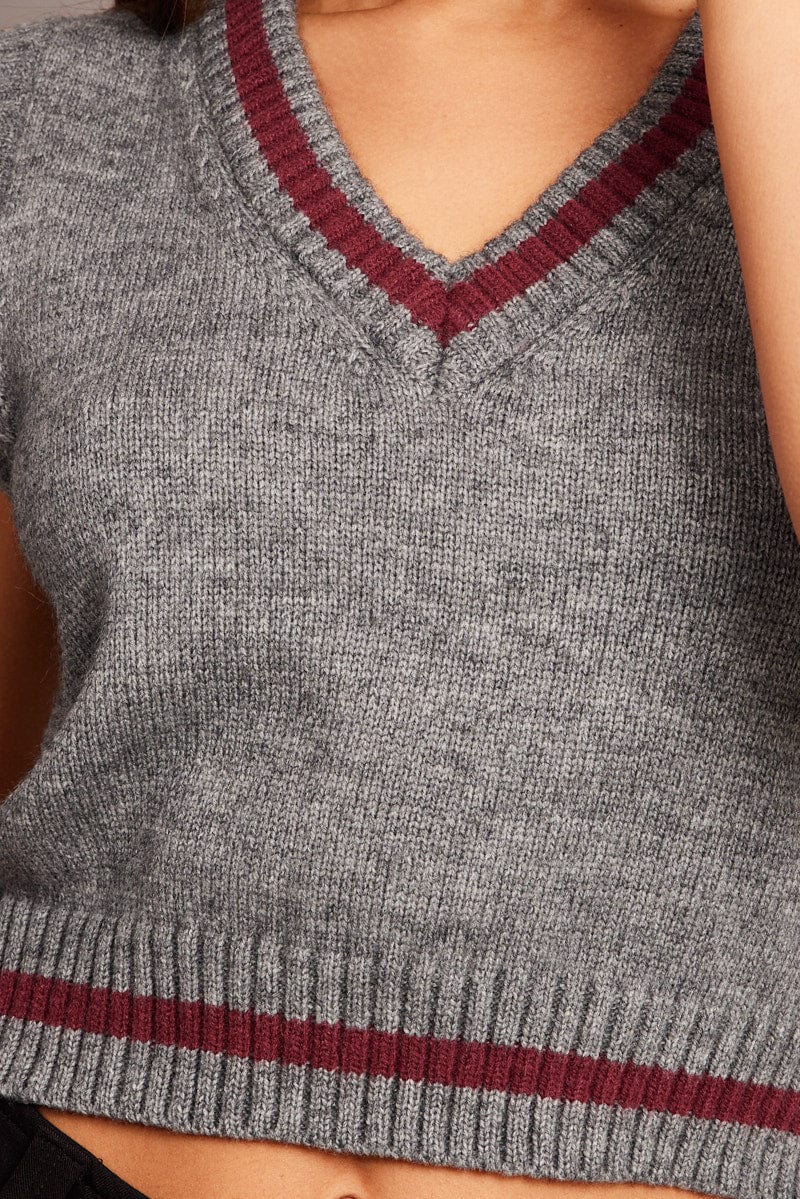 Grey Knit Vest V Neck Stripe for Ally Fashion