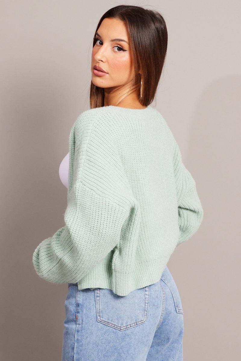 Green Knit Cardigan Long Sleeve V Neck Button Up for Ally Fashion