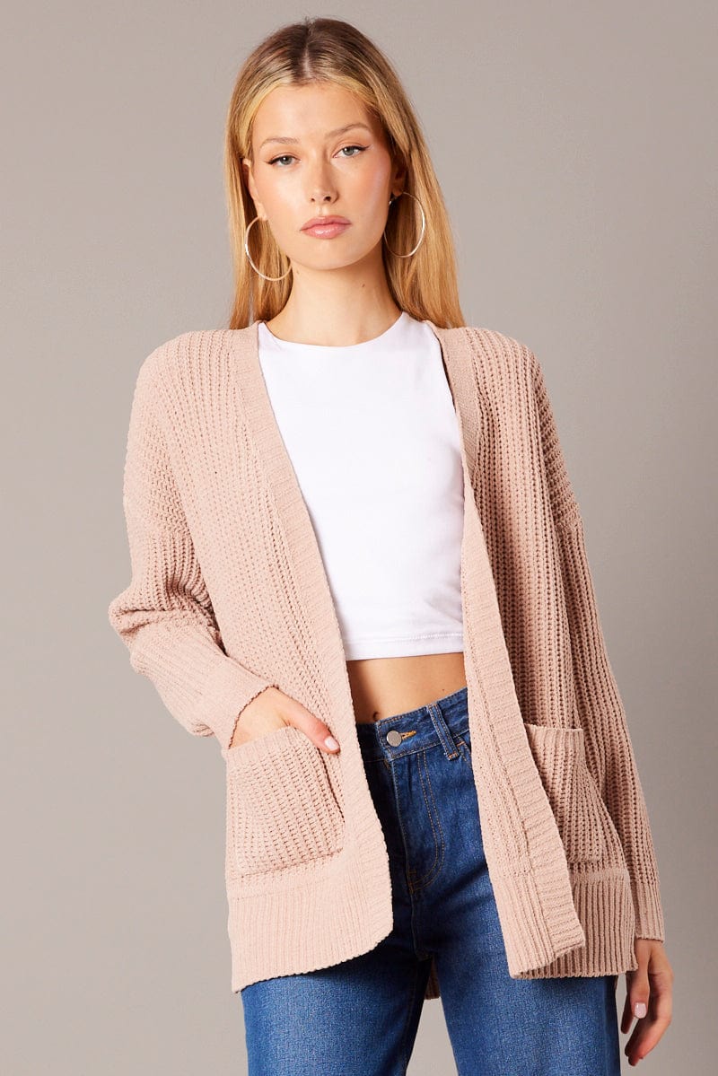 Beige Knit Cardigan Longline Chenille for Ally Fashion