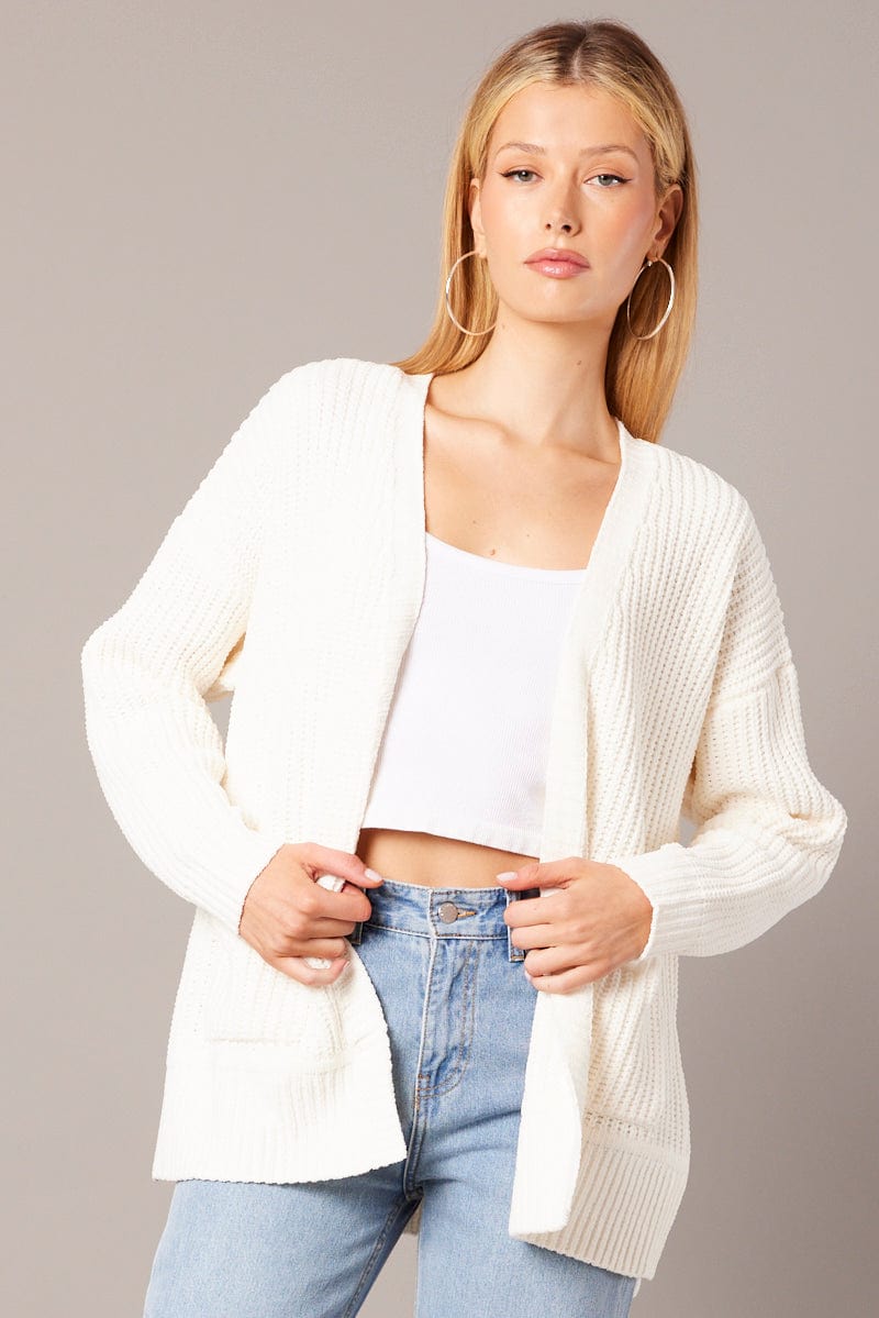 White Knit Cardigan Longline Chenille for Ally Fashion