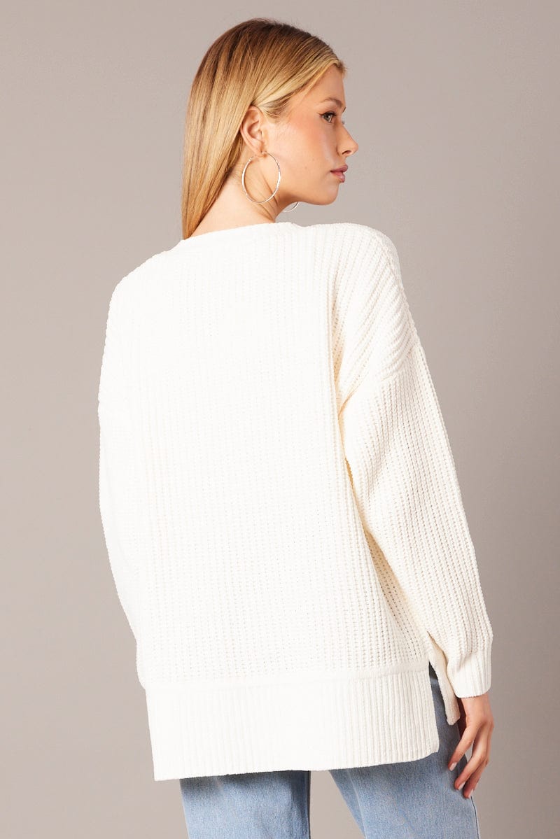White Knit Cardigan Longline Chenille for Ally Fashion