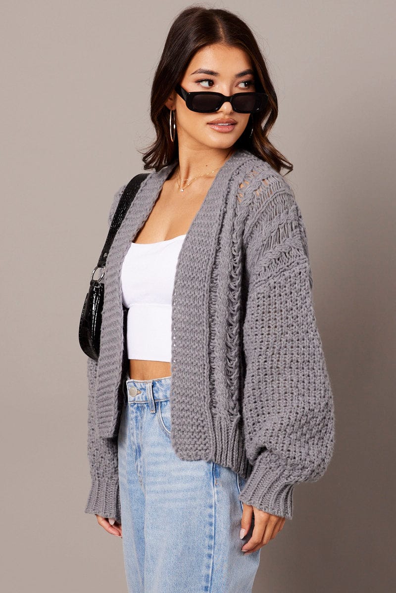 Grey Knit Cardigan Long Sleeve Relaxed Fit Cable | Ally Fashion