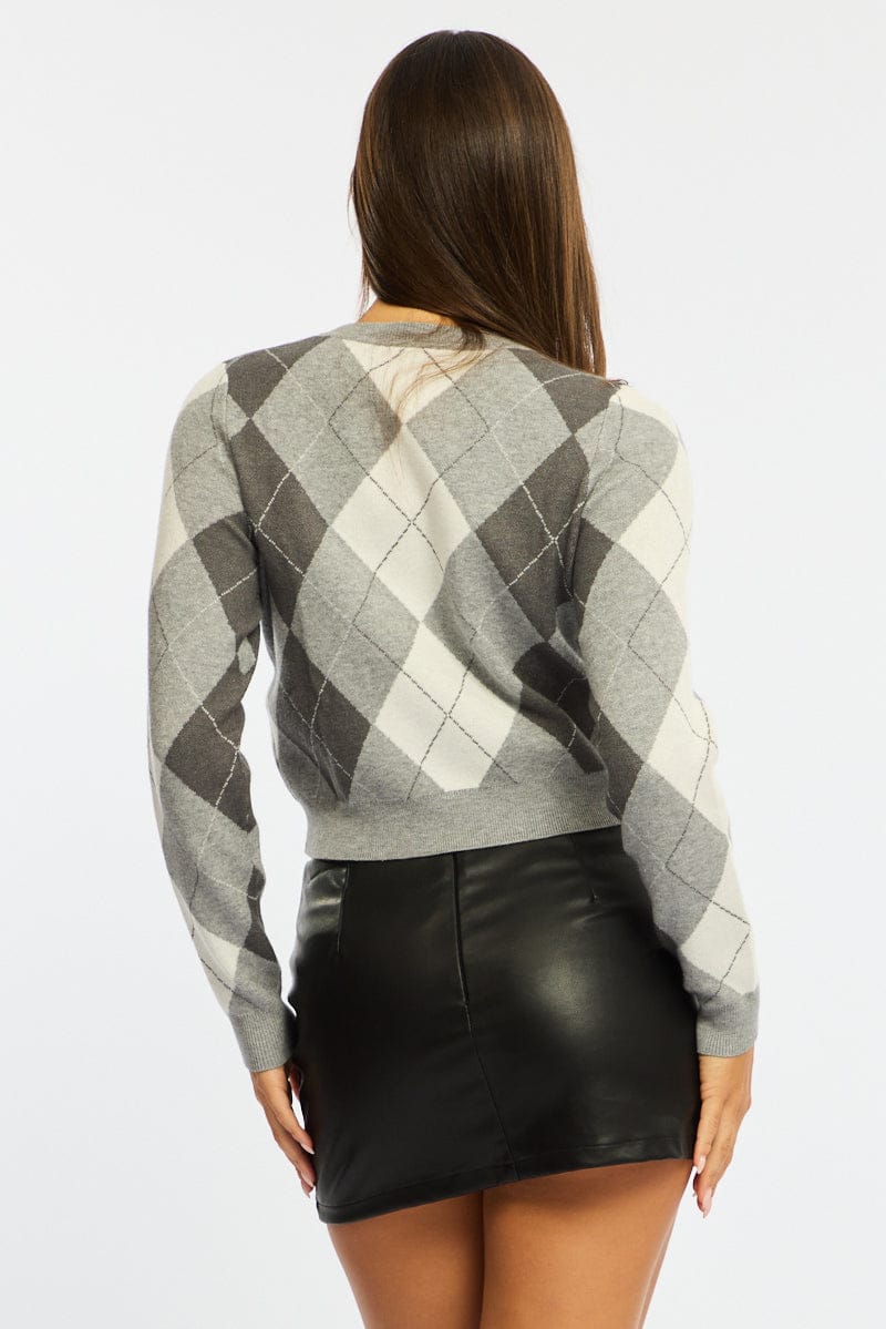 Grey Check Knit Top Long Sleeve V-neck Argyle for Ally Fashion