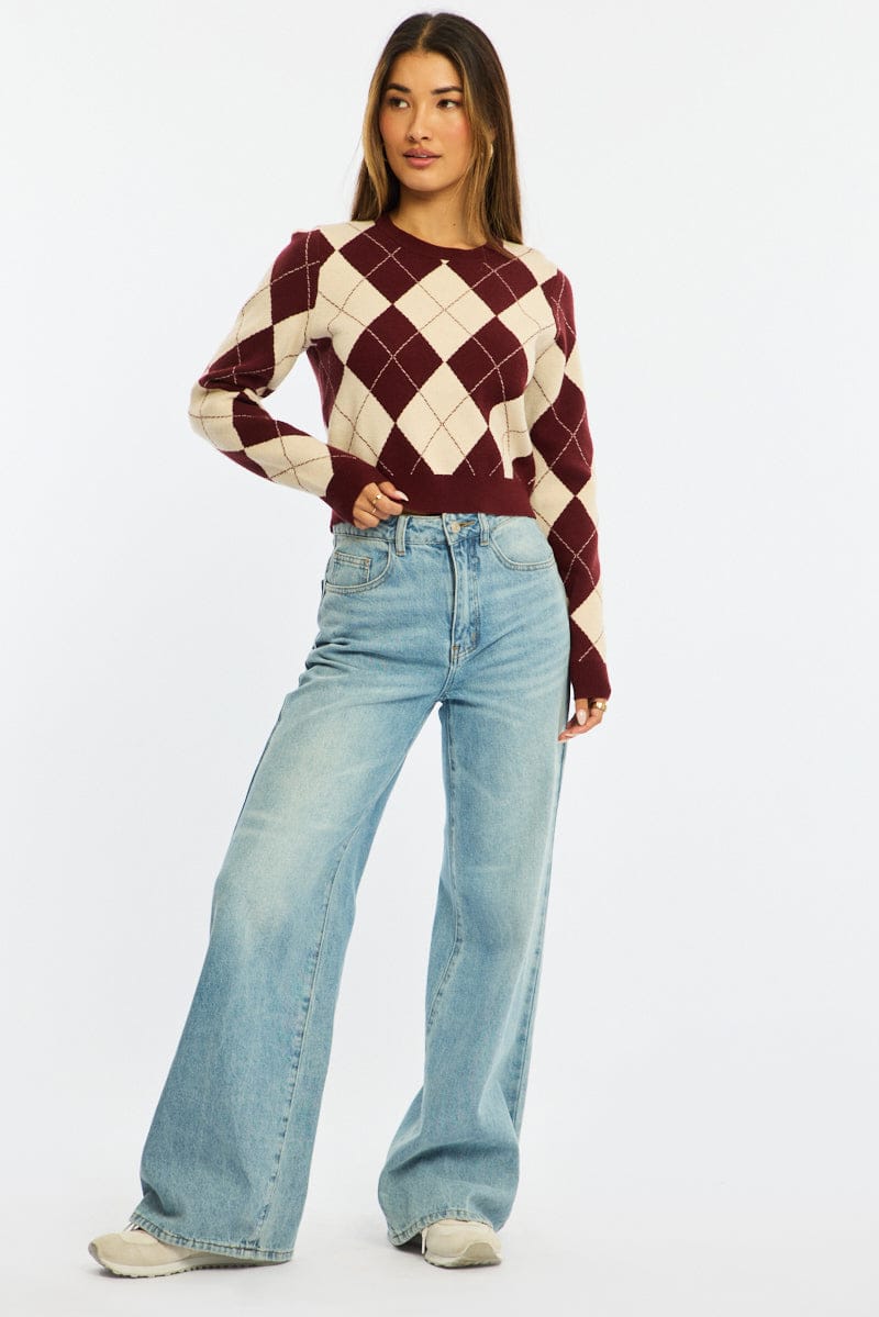 Red Check Knit Top Long Sleeve V-neck Argyle for Ally Fashion